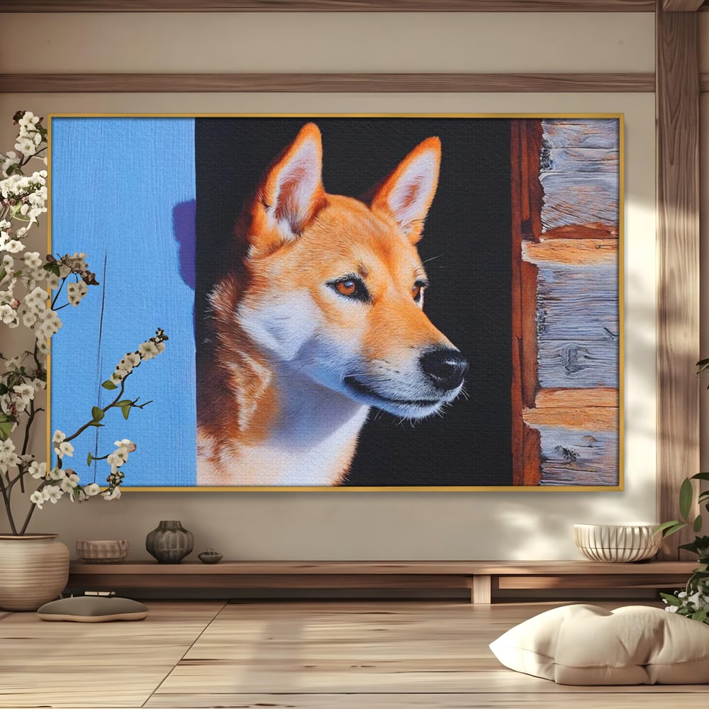 Tablou canvas cu tablou canvas cu portret de caine shiba, in rama de aluminiu auriu